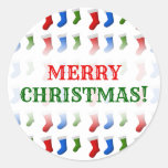 [ Thumbnail: Christmas; Red, Blue and Green Christmas Stockings Round Sticker ]