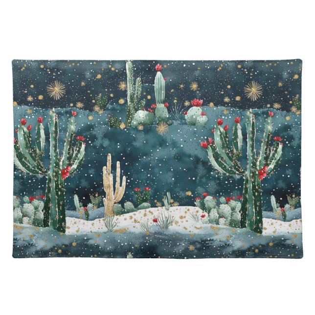 Christmas Red Blue Green Cactus Floral Cloth Placemat (Front)