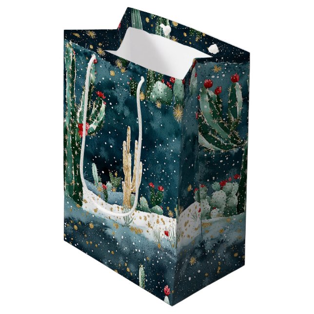 Christmas Red Blue Green Cactus Floral Medium Gift Bag (Front Angled)