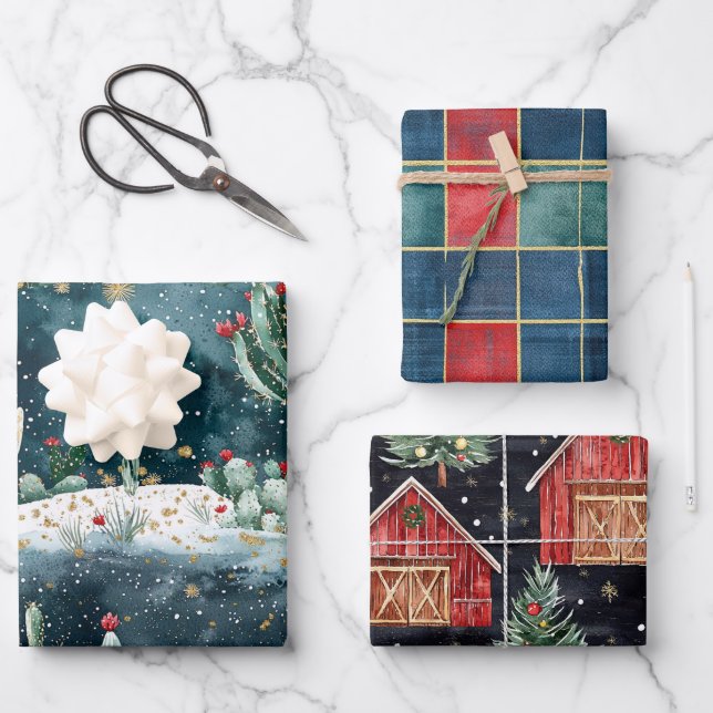Christmas Red Blue Green Cactus Floral Wrapping Paper Sheets (Front)