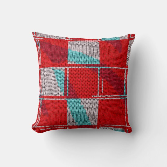 Christmas Red Blue Knit Knitting Holiday Throw Pillow (Front)
