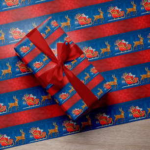 Christmas red blue Santa riding sleigh wrap Wrapping Paper