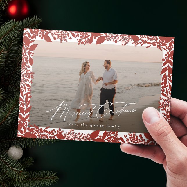 Christmas Red Botanical Frame Merriest Photo Holiday Card (Creator Uploaded)