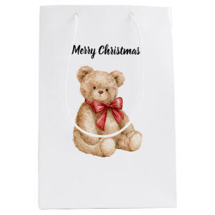 Christmas Red Bow Teddy Bear Medium Gift Bag