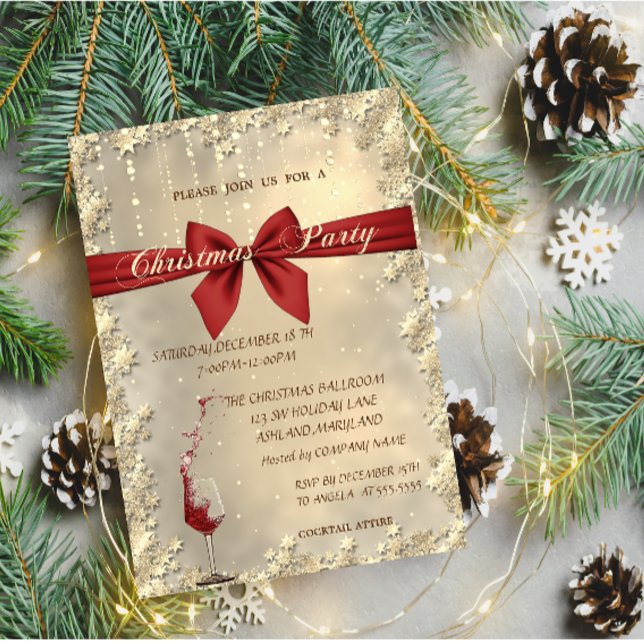 Christmas Red Bow,Wine Glass,Gold Corporated Party Invitation (Creator Uploaded)