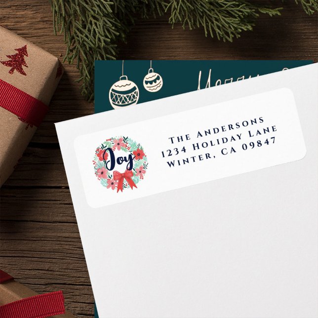 Christmas Red Bow Wreath Blue Joy Address Label (Creator Uploaded)