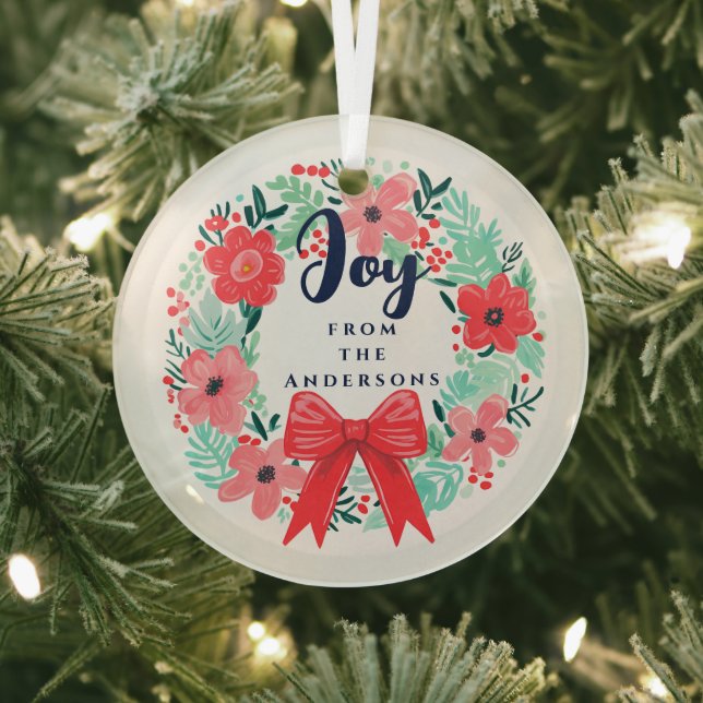 Christmas Red Bow Wreath Blue Joy Glass Ornament (Insitu)