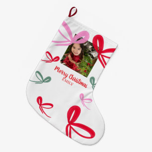 Christmas Red Bows Multicolor Doodle Photo Large Christmas Stocking