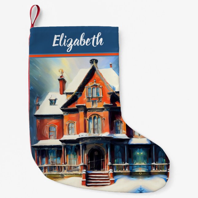Christmas Red Brick Victorian Home For The Holiday Small Christmas Stocking (Front)