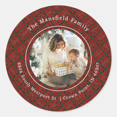 Christmas Red Buffalo Plaid Photo Round Sticker