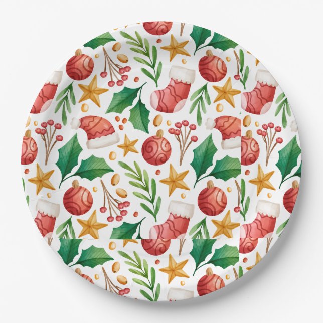 Christmas Red Bulbs, Poinsettia Parts and Nut  Paper Plates (Front)