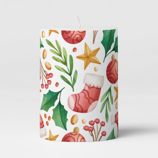 Christmas Red Bulbs, Poinsettia Parts and Nut     Pillar Candle (Front)