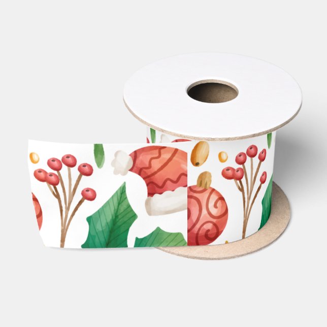 Christmas Red Bulbs, Poinsettia Parts and Nuts Satin Ribbon (Spool)