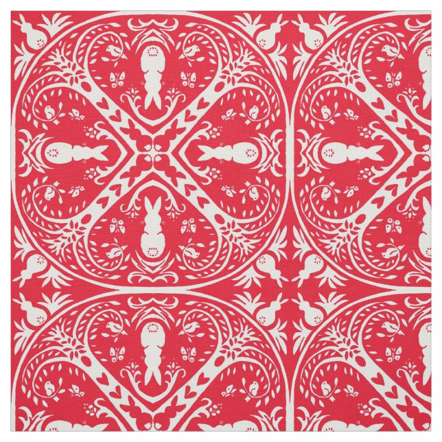 Christmas Red Bunny Rabbit Medallion Design Winter Fabric (Swatch)