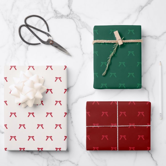 Christmas red burgundy green Ribbon & Bows holiday Wrapping Paper Sheets (Front)