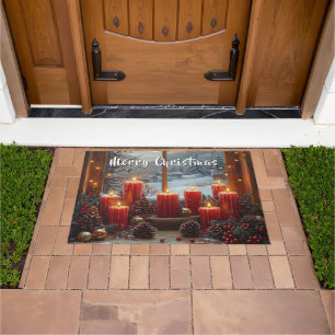 Christmas Red Candles Pine Cones Winter View Doormat