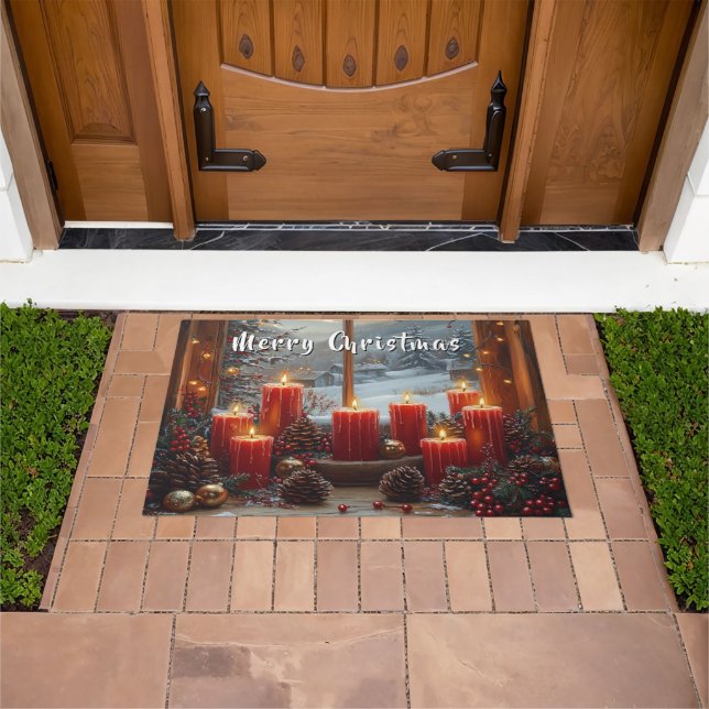 Christmas Red Candles Pine Cones Winter View  Doormat (Outdoor)