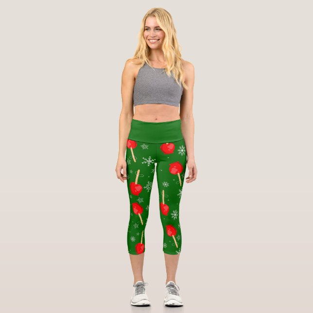 christmas red candy apples green  capri leggings (Front)