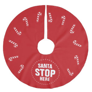 Christmas red candy cane Santa Stop Here funny Brushed Polyester Tree Skirt