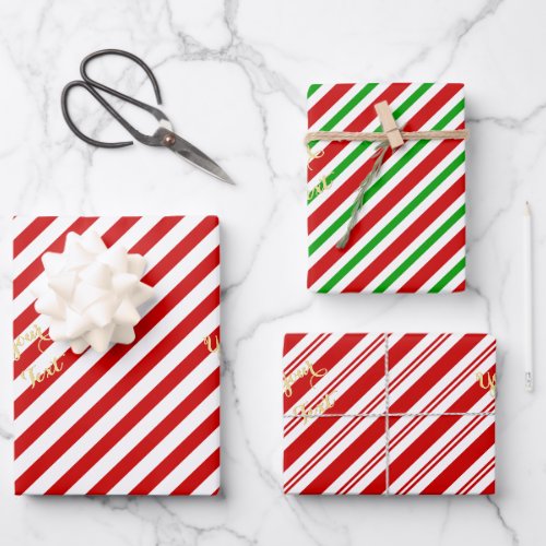 Christmas Red Candy Cane Stripes Gold Text Holiday Wrapping Paper Sheets