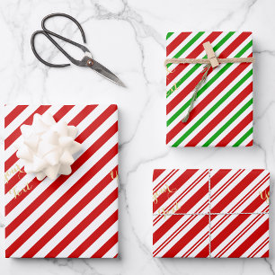 Christmas Red Candy Cane Stripes Gold Text Holiday Wrapping Paper Sheets