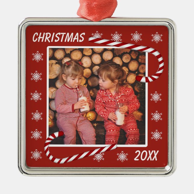 Christmas Red Candy Canes Custom Photo Metal Ornament (Front)