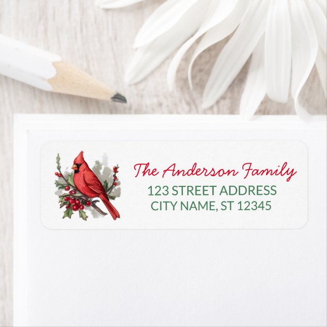 Christmas Red Cardinal and Berries Return Address Label (Insitu)