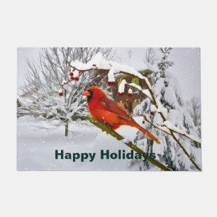 Christmas, Red Cardinal Bird and Snow Doormat