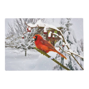 Christmas, Red Cardinal Bird and Snow Placemat