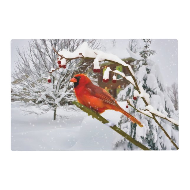 Christmas, Red Cardinal Bird and Snow Placemat (Front)