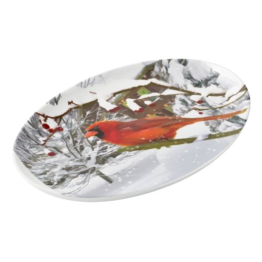 Christmas, Red Cardinal Bird and Snow Porcelain Serving Platter (Angled)