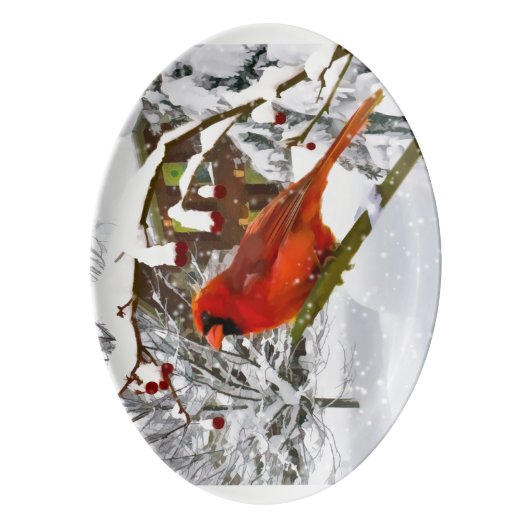 Christmas, Red Cardinal Bird and Snow Porcelain Serving Platter (Front Vertical)