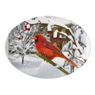 Christmas, Red Cardinal Bird and Snow Porcelain Serving Platter