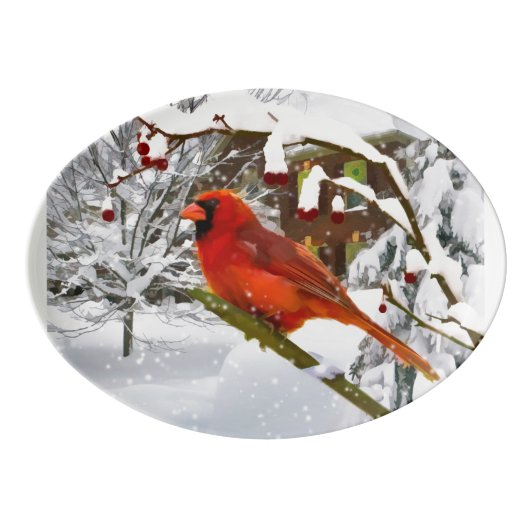 Christmas, Red Cardinal Bird and Snow Porcelain Serving Platter (Front)