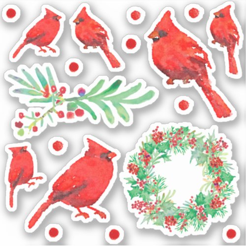 Christmas Red Cardinal Bird Holly Wreath Sticker