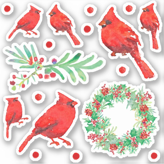 Christmas Red Cardinal Bird Holly Wreath Sticker (Front)