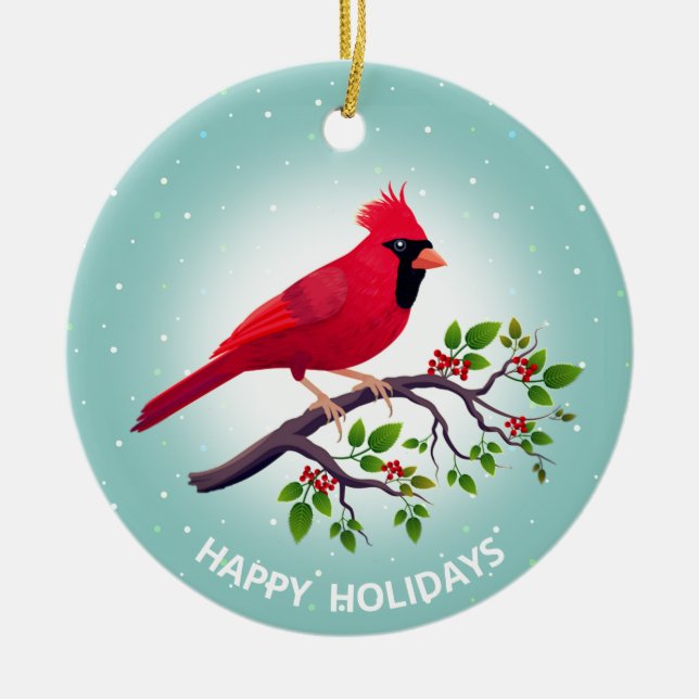 Christmas Red Cardinal Bird on Teal  Ceramic Ornament (Front)