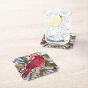 Christmas Red Cardinal Bird Paper Coaster