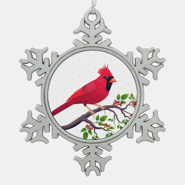 Christmas Red Cardinal Bird Snowflake Pewter Christmas Ornament (Front)