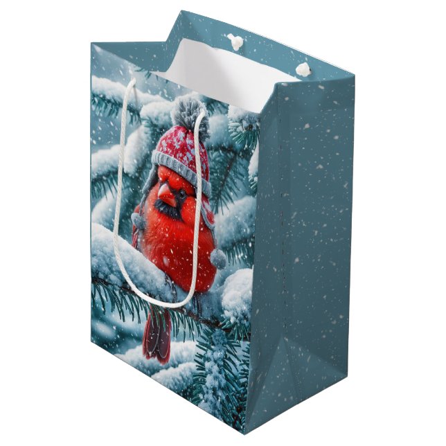 Christmas Red Cardinal Bird Wearing Winter Hat Medium Gift Bag (Front Angled)