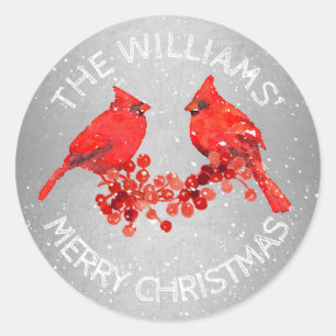 Christmas Red Cardinal Birds Faux Silver Classic Round Sticker