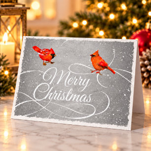 Christmas Red Cardinal Birds Faux Silver Holiday Card