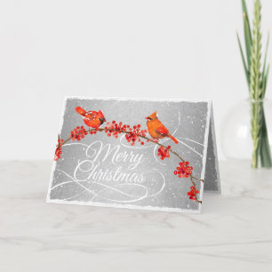 Christmas Red Cardinal Birds Faux Silver Holiday Card