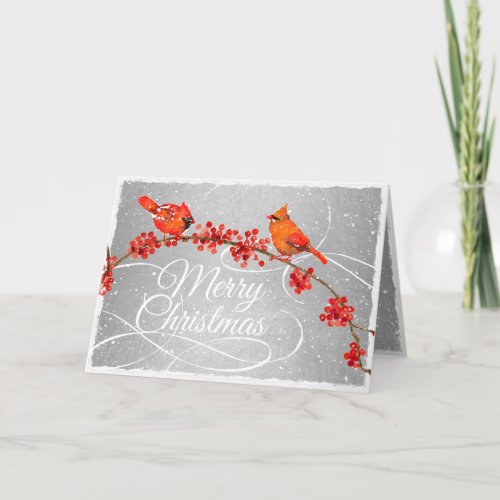 Christmas Red Cardinal Birds Faux Silver Holiday Card
