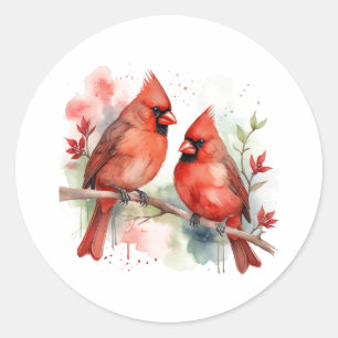 Christmas Red Cardinal Birds Holiday Art Classic Round Sticker