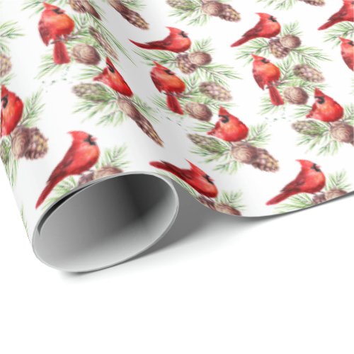 Christmas Red Cardinal Birds Holly Berry Branch Wrapping Paper