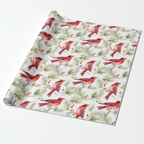 Christmas Red Cardinal Birds Holly Berry Branch Wrapping Paper