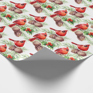 Christmas Red Cardinal Birds Holly Berry Branch Wrapping Paper