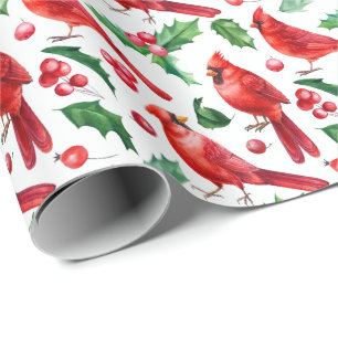 Christmas Red Cardinal Birds Holly Berry Brunch Wrapping Paper