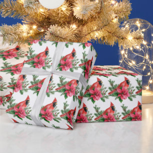 Christmas Red Cardinal Birds Pine Cones Branch Wrapping Paper